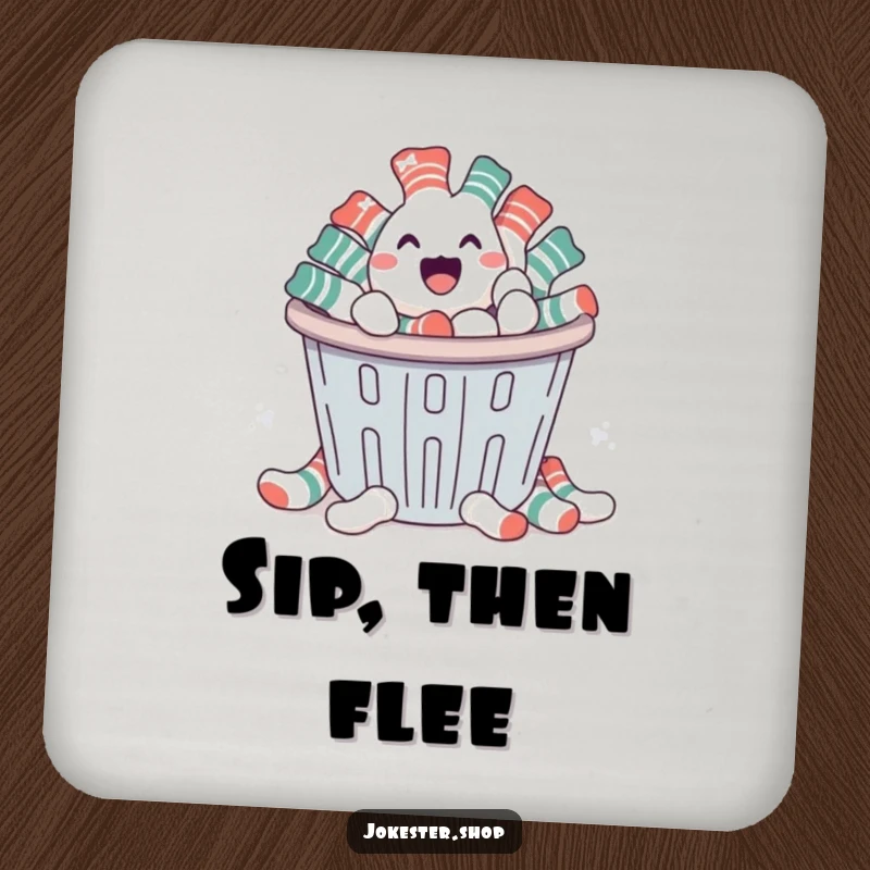 Funny drink coasters depicting socks escaping a laundry basket, adding a humorous and protective element to tabletops for any gathering.