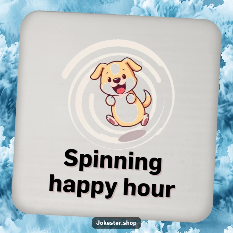 Funny dog coaster, bewildered dog chasing its tail in a dizzying spiral, protecting surfaces with humorous energy.