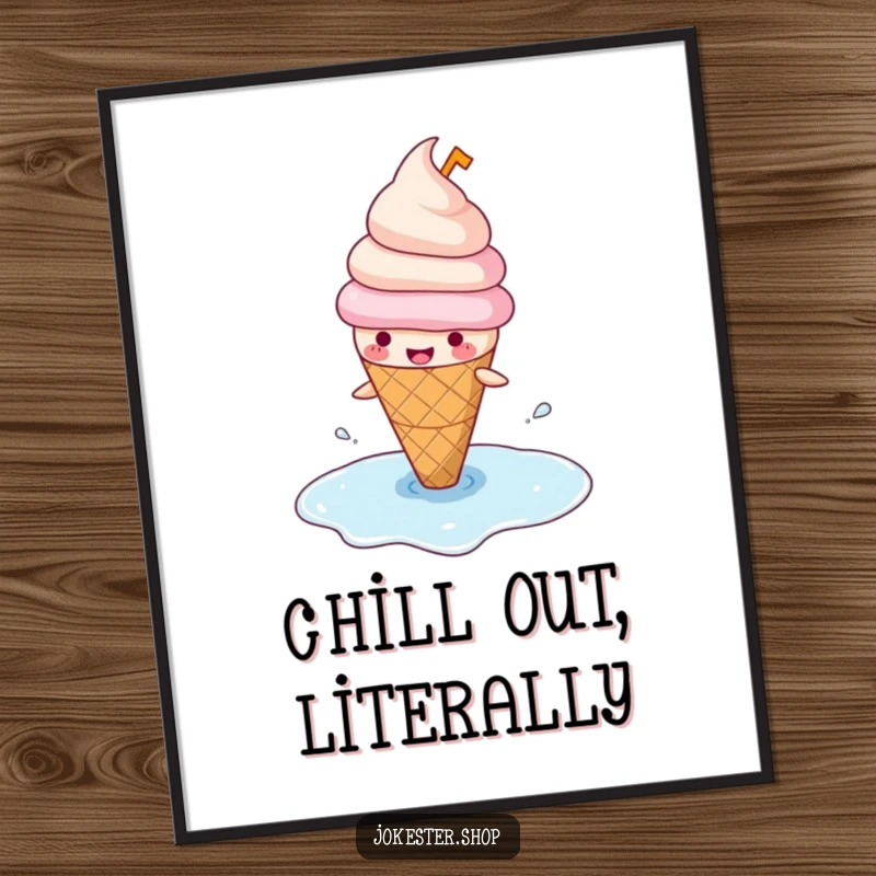 Funny poster art of a happy ice cream cone wearing a small hat, comically slipping on its melted puddle, creating a sweet, humorous display.