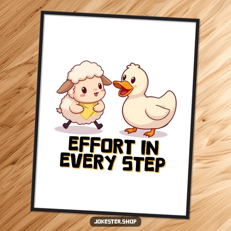 Funny sheep character comically attempting to herd a very stubborn rubber duck. A whimsical and funny poster for playful decor.
