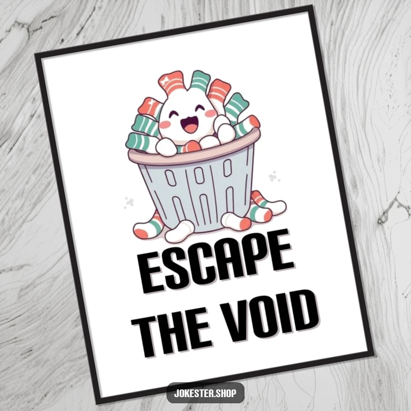 Funny poster depicting a cheerful pile of socks escaping a laundry basket, adding a touch of humor and personality to wall decor.