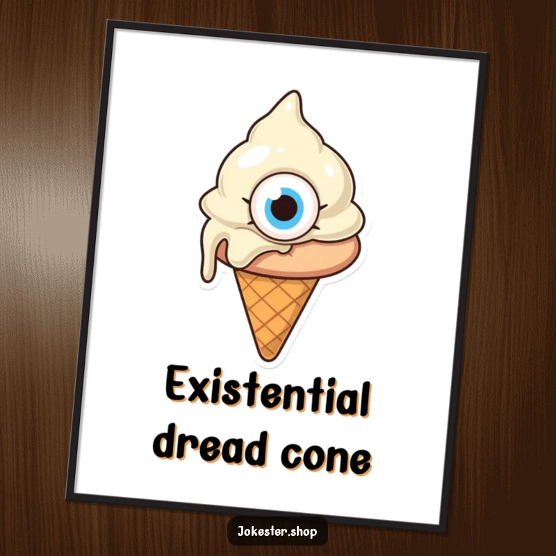 Funny melting ice cream cone with one giant eye, looking confused, quirky cartoon wall art ready to be framed, perfect funny gift.