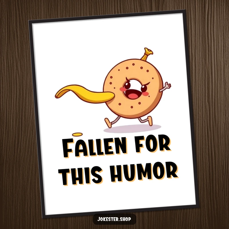 Funny mischievous banana peel attempting to trip a walking bagel, presented as an amusing wall poster, perfect for humor lovers.
