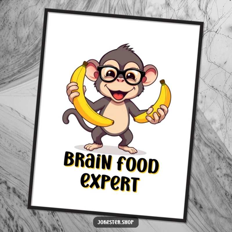 Funny poster art of a mischievous, bespectacled monkey juggling several oversized bananas, creating a comical and eye-catching display.