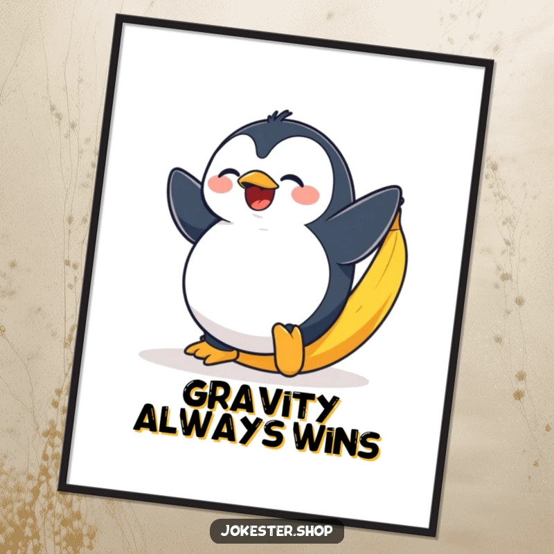 Funny poster art of a plump penguin dramatically slipping with exaggerated surprise on a banana peel.