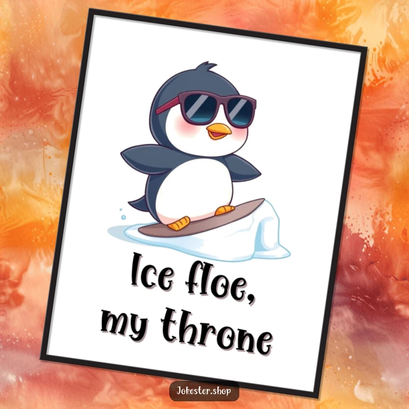 Funny poster artwork of a penguin wearing sunglasses, expertly surfing a small ice floe, capturing a moment of aquatic coolness.