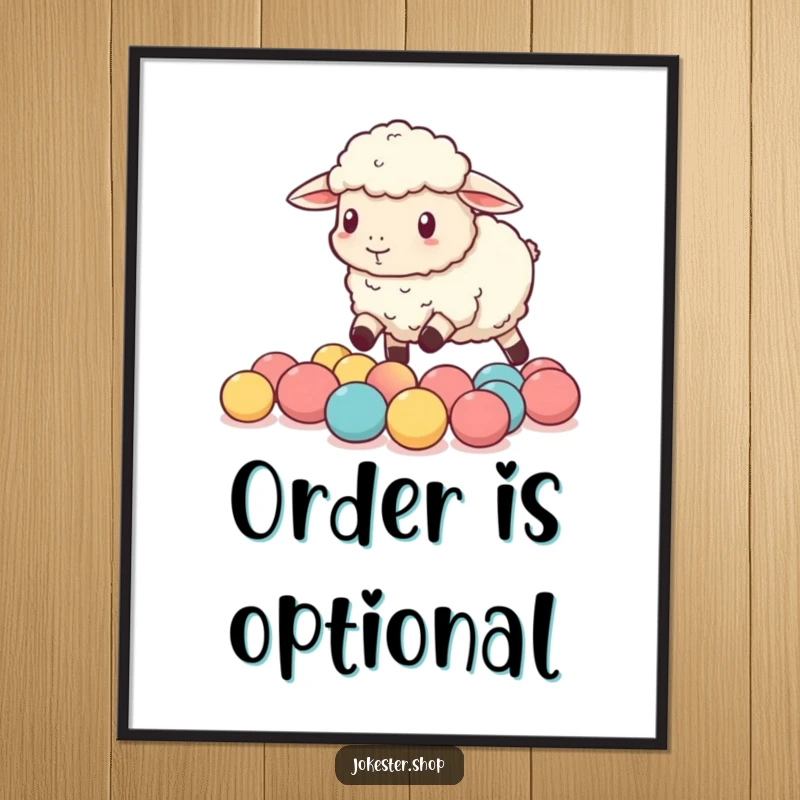 Funny sheep comically attempting to herd tiny bouncy balls, captured in a humorous illustration perfect for wall decor.