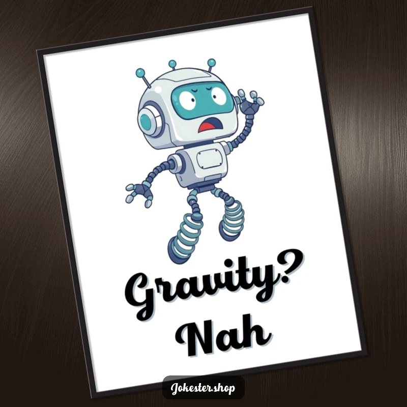 Funny poster art of a surprised robot with spring-loaded legs accidentally launching skyward, creating a comical and eye-catching display.