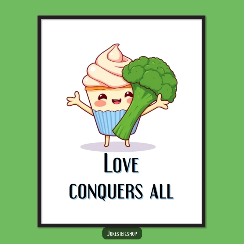 Funny Cupcake Hugs Broccoli Poster - Cute Cartoon Wall Art Gift!