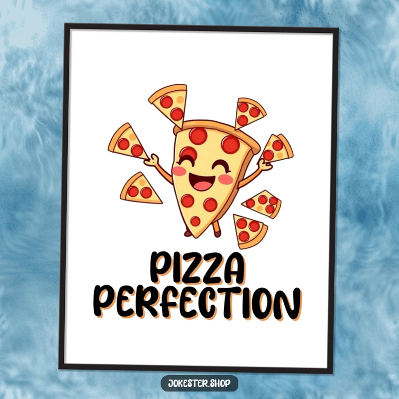 Funny poster of a smiling pizza slice juggling multiple pepperoni slices, a humorous culinary artwork for food enthusiasts.
