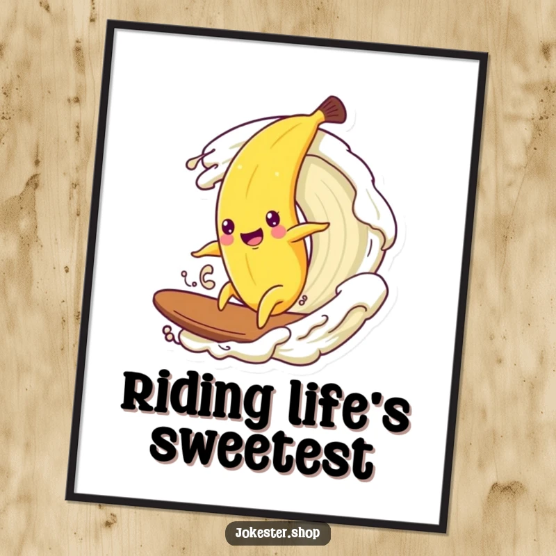 Funny poster art of a happy banana character trying to surf a dynamic wave made of luscious cream.