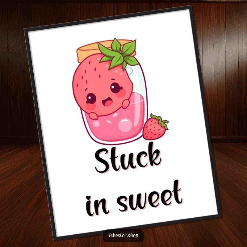 Funny cheerful strawberry stuck in a jam jar, looking surprised, charming cartoon wall art ready to be framed, perfect funny gift.