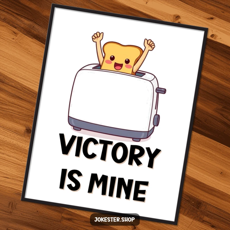 Funny cheerful toast leaping from a toaster with arms raised in a celebratory pose, as wall art.