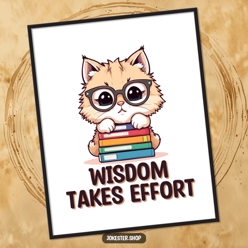 Funny poster of a cat with oversized glasses attempting to balance a precarious stack of books, humorous study art.