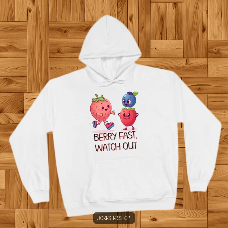 Funny Fruit Hoodie: A plump strawberry on roller skates whizzes by a very surprised blueberry, a humorous and comfortable design.