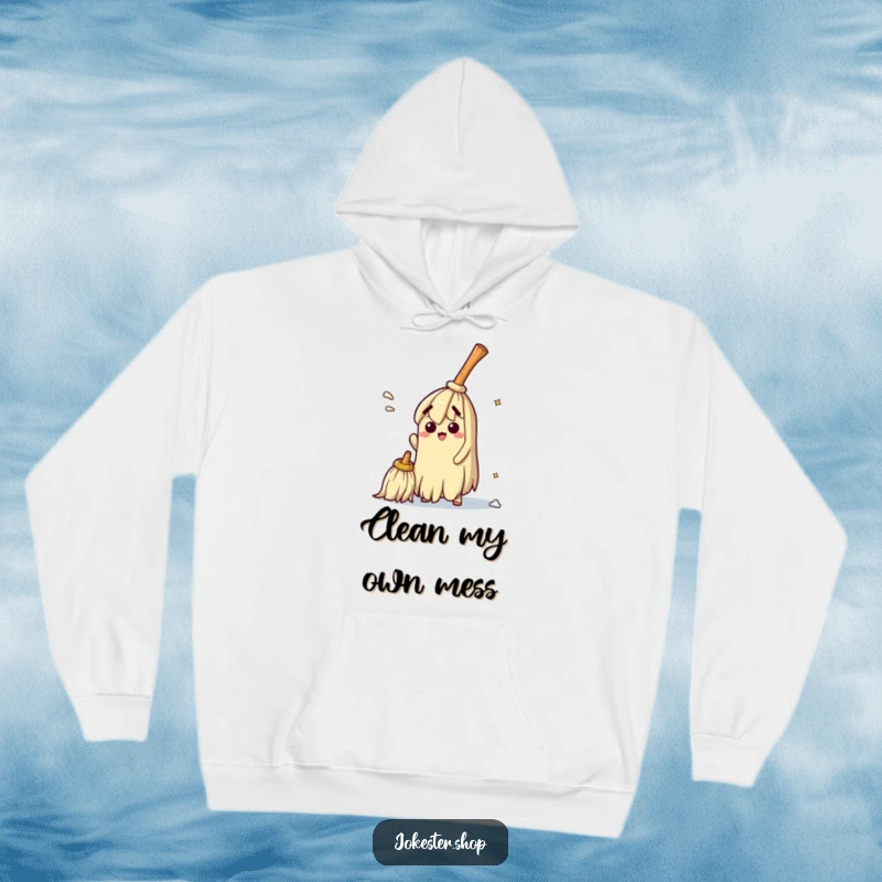 Funny hoodie featuring a bewildered broom hilariously trying to sweep itself clean, ideal for cozying up during or after a daunting cleaning session.