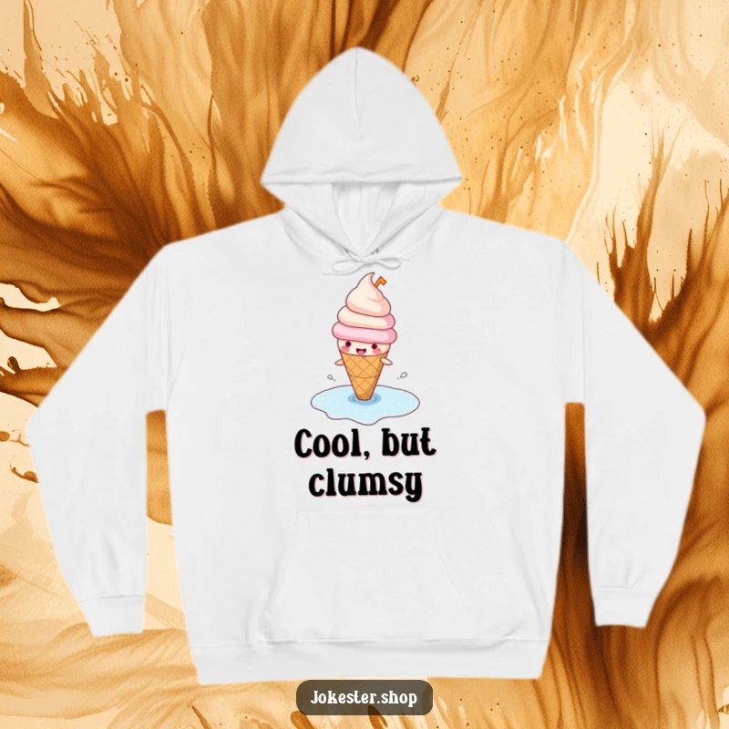 Funny hoodie showcasing a happy ice cream cone with a tiny hat, comically slipping on its own puddle, ready for sweet adventures.