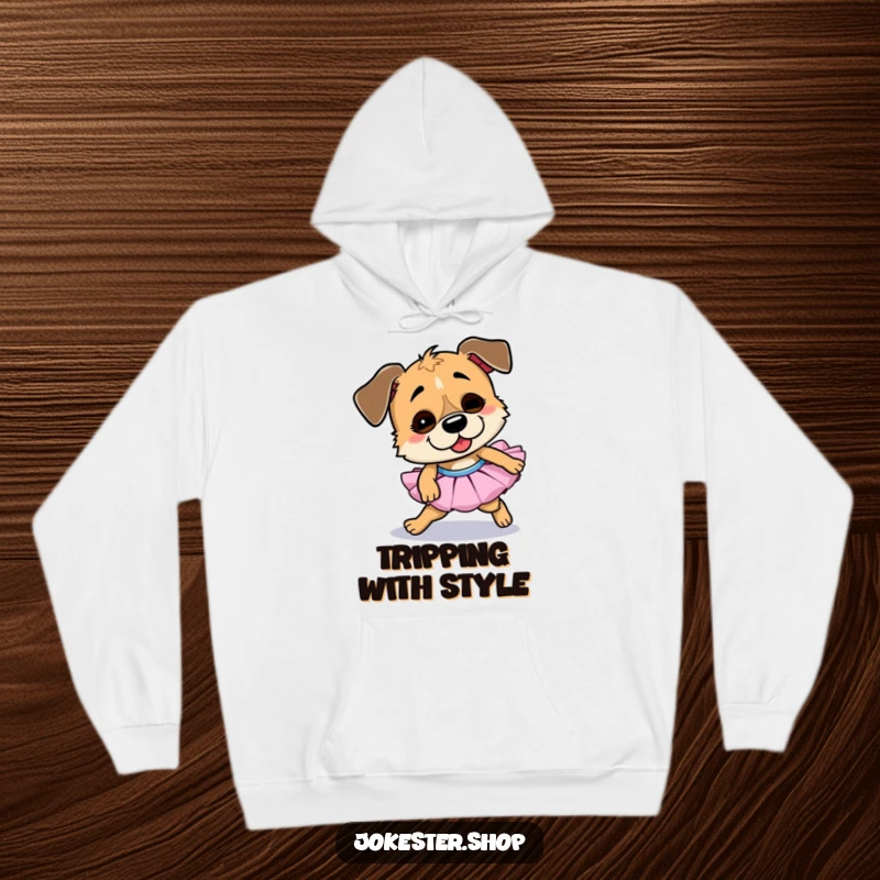 Funny dog hoodie, soft and warm, wearing a tutu and comically tripping over its feet, embodying pure goofy delight.