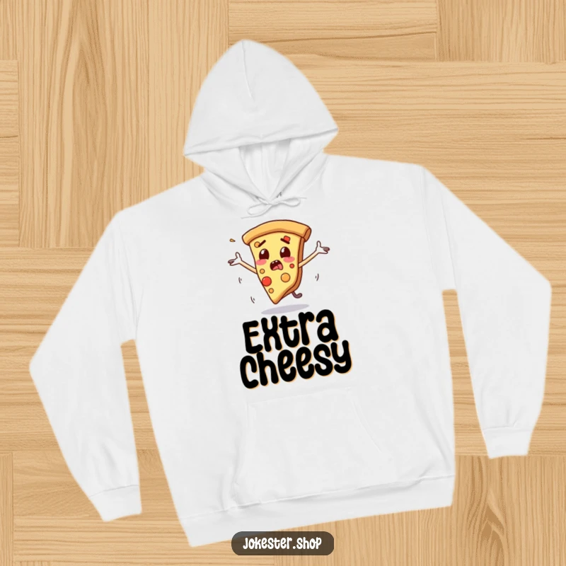 Funny hoodie showcasing a startled slice of pizza with cartoon arms flailing as it slides down a surface, perfect for cozy laughs.