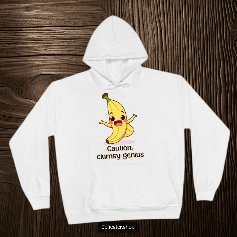 Funny hoodie depicting a cartoon banana peel doing a surprised slip, grinning widely, offering cozy humor and a chuckle.