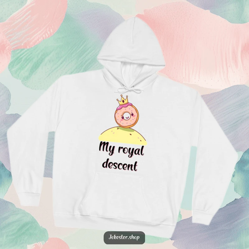 Funny hoodie with a cheerful donut wearing a tiny crown rolling down a hill, perfect for cozying up with a sweet and humorous vibe.