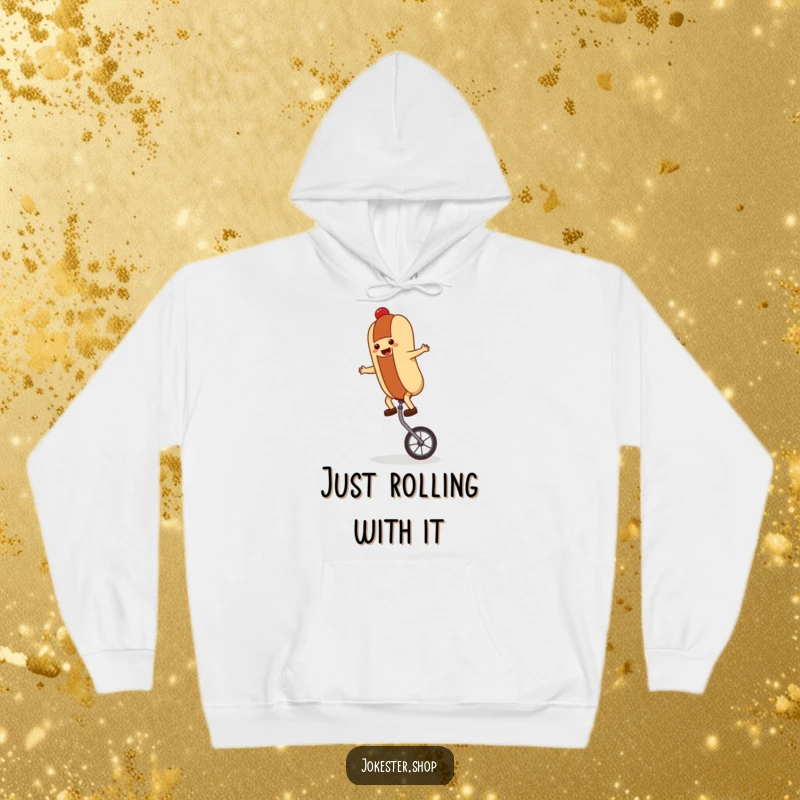 Cozy funny hot dog character balancing on a unicycle, depicted on a warm hoodie, ideal for casual, humorous wear.