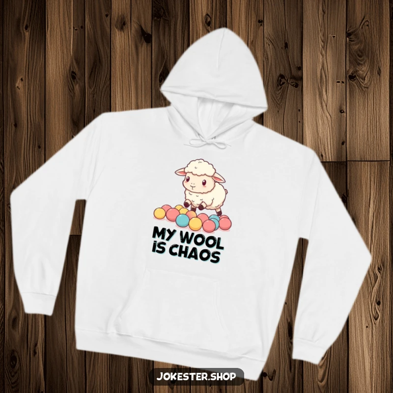 Funny sheep comically herding tiny bouncy balls, rendered on a soft hoodie for maximum warmth and humorous enjoyment.