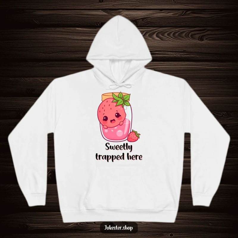 Funny cheerful strawberry stuck in a jam jar, looking surprised, soft hoodie featuring a comical fruit character, best funny gift.