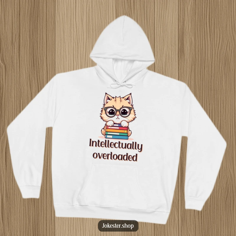 Funny cat with large glasses struggling to hold onto a wobbly stack of books, radiating academic stress and charm.