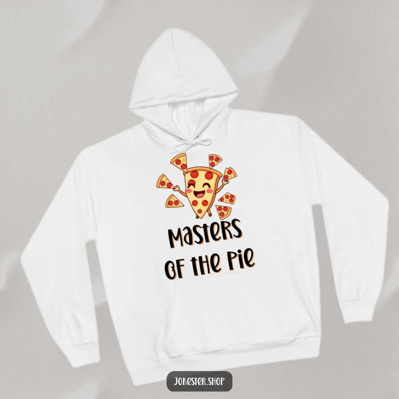 Funny hoodie with a smiling pizza slice skilfully juggling multiple pepperoni slices, a cozy and humorous design.