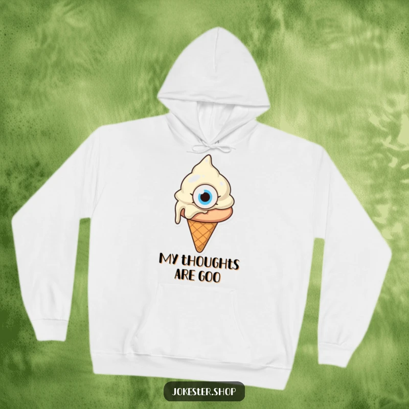 Funny melting ice cream cone with one giant eye, looking confused, soft hoodie featuring a quirky cartoon character, best funny gift.