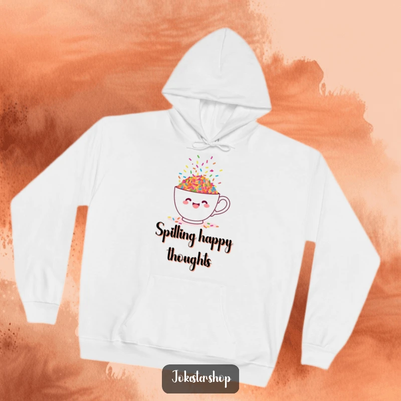 Funny hoodie featuring a cheerful teacup overflowing with vibrant, dancing sprinkles, a cozy and joyful design.
