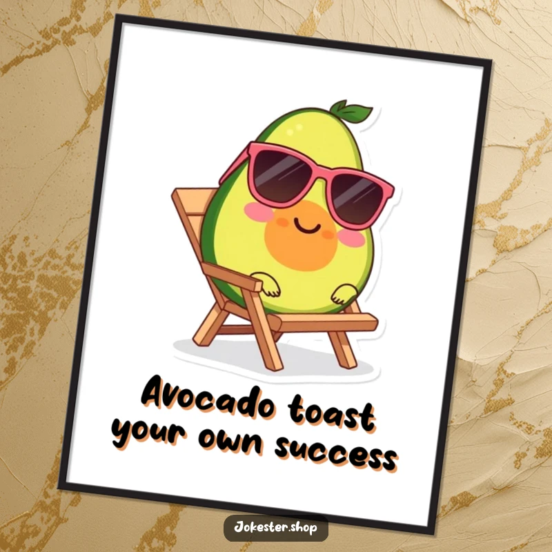 Funny Free Printable Wall Art: A smiling avocado character wearing sunglasses, lounging blissfully on a tiny beach chair.