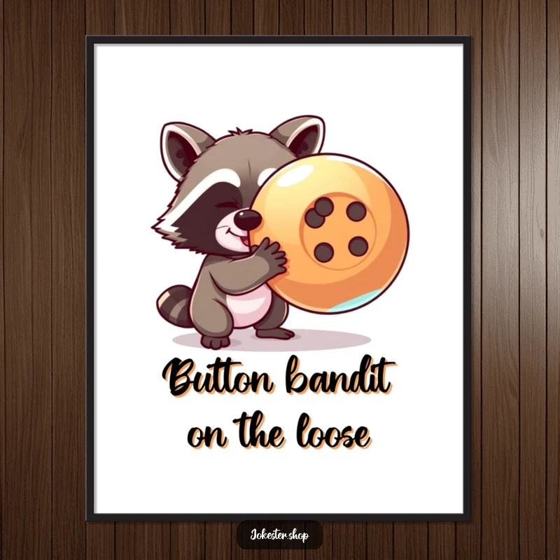 Funny Free Printable Wall Art: A mischievous raccoon character is caught in the act of stealing a giant, shiny button.