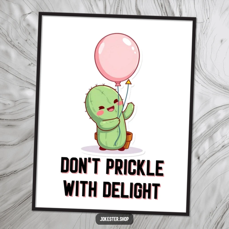 Funny free printable wall art: A cactus comically embracing a floating balloon, whimsical and humorous downloadable decor.