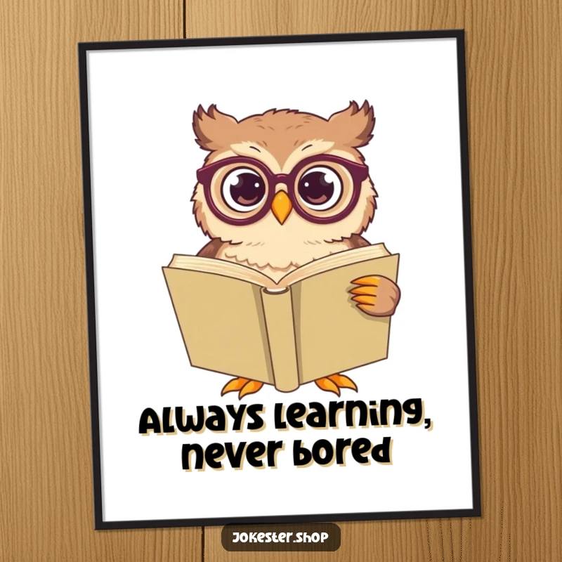 Funny Free Printable Wall Art: A confused owl wearing large spectacles attempts to read a comically giant book.