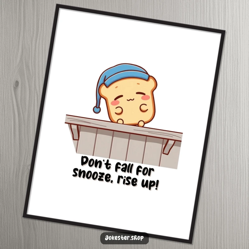 Funny Free Printable Wall Art: A sleepy bread loaf wearing a nightcap, falling off a shelf, a humorous and downloadable piece.