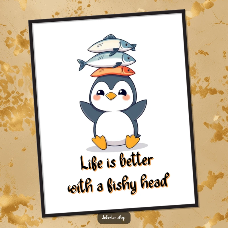Funny Free Printable Wall Art: A cheerful penguin character attempts to balance an impossibly tall stack of fish on its head.