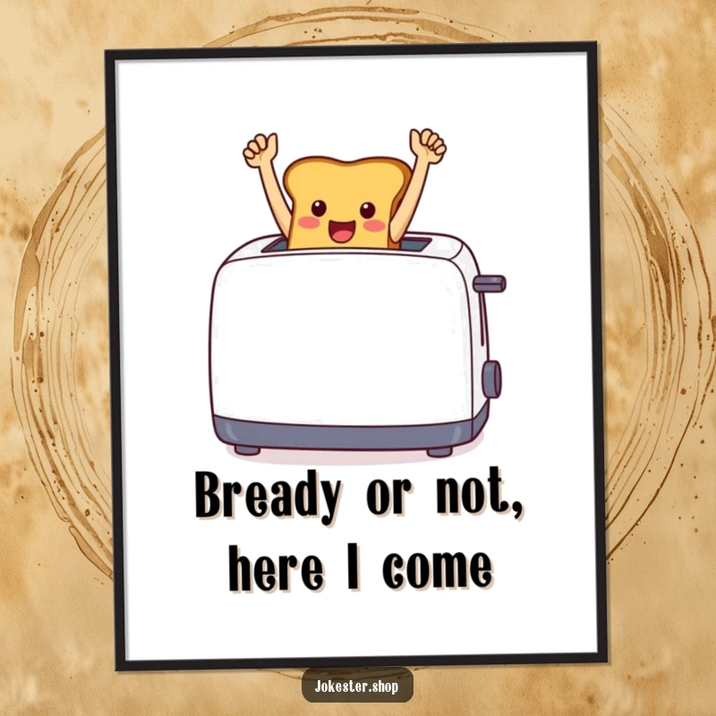 Funny Free Printable Wall Art: A cheerful toast leaping triumphantly from a toaster with raised arms, a humorous downloadable.