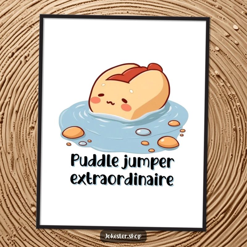 Funny Free Printable Wall Art: Bewildered hot dog attempting to swim in a puddle, amusing downloadable art.