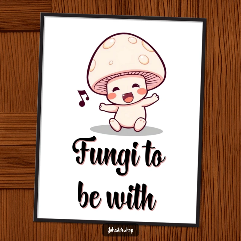 Funny Free Printable Wall Art: Singing mushroom character tripping over its cap, whimsical downloadable art.