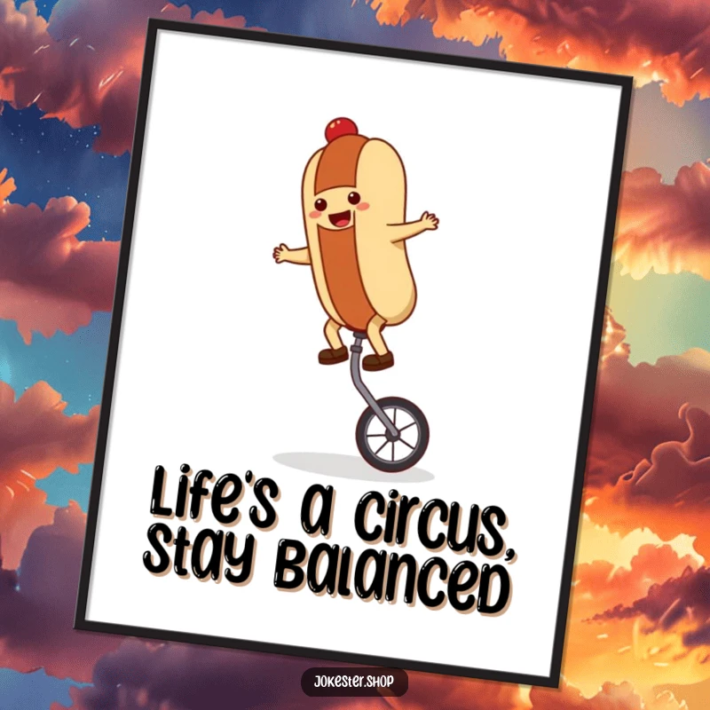 Funny Free Printable Wall Art: Whimsical hot dog character attempting to balance on a unicycle with a smile.