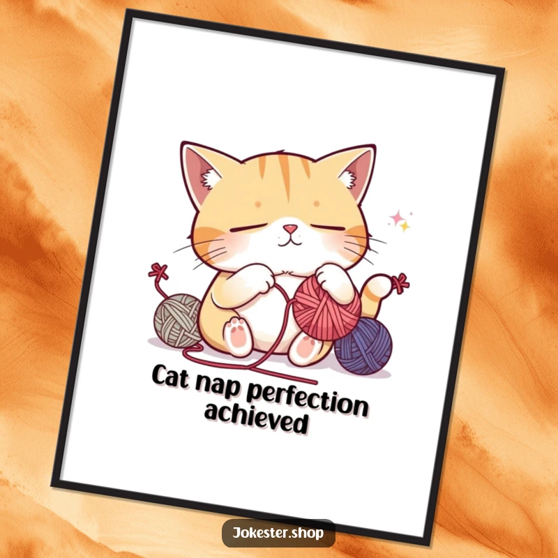 Funny Free Printable Wall Art: Sleepy cat character attempting to juggle colorful yarn balls, but hilariously falling asleep mid-juggle.