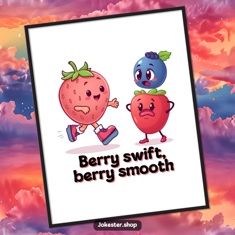 Funny Free Printable Wall Art: A plump strawberry wearing roller skates zooms past a blueberry looking utterly bewildered.