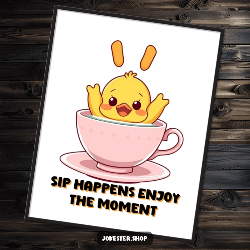 Funny Free Printable Wall Art: A rubber ducky floats upside down in a teacup, a comical scene.