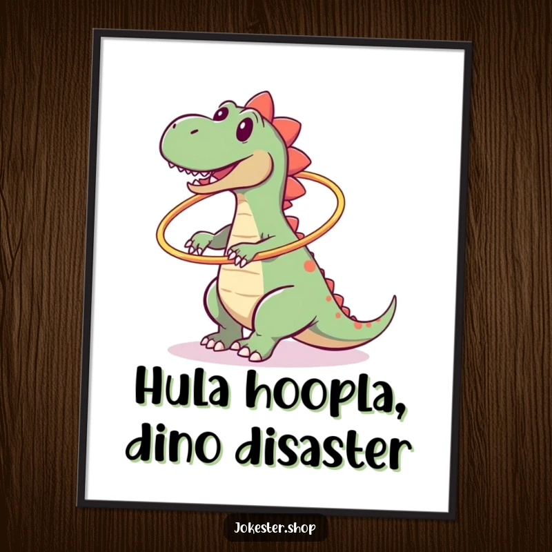 Funny Free Printable Wall Art: Clumsy dinosaur confidently attempts hula hoop, hilariously falls, bringing quirky charm.