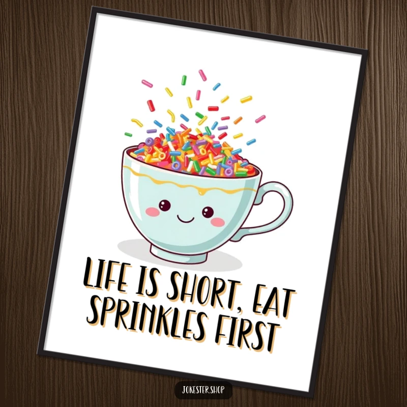 Funny Free Printable Wall Art: A vibrant teacup overflowing with colorful, energetic dancing sprinkles.