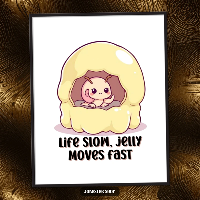 Funny Free Printable Wall Art: A shy snail peeking from a massive, jiggly jelly mold, a humorous downloadable piece.