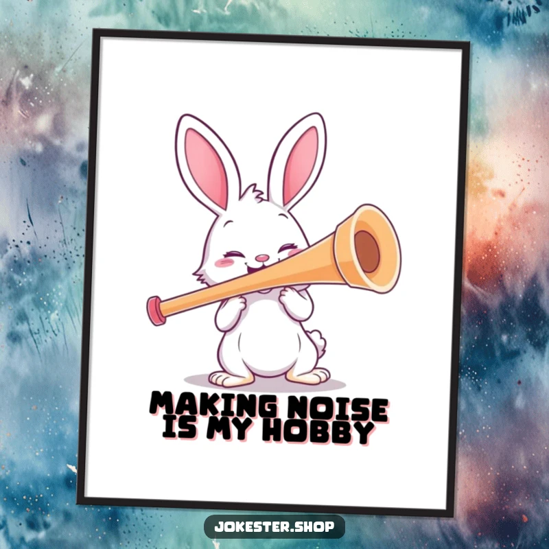 Funny free printable wall art depicting a cheerful rabbit attempting to play a comically large kazoo, full of musical mayhem and joy.