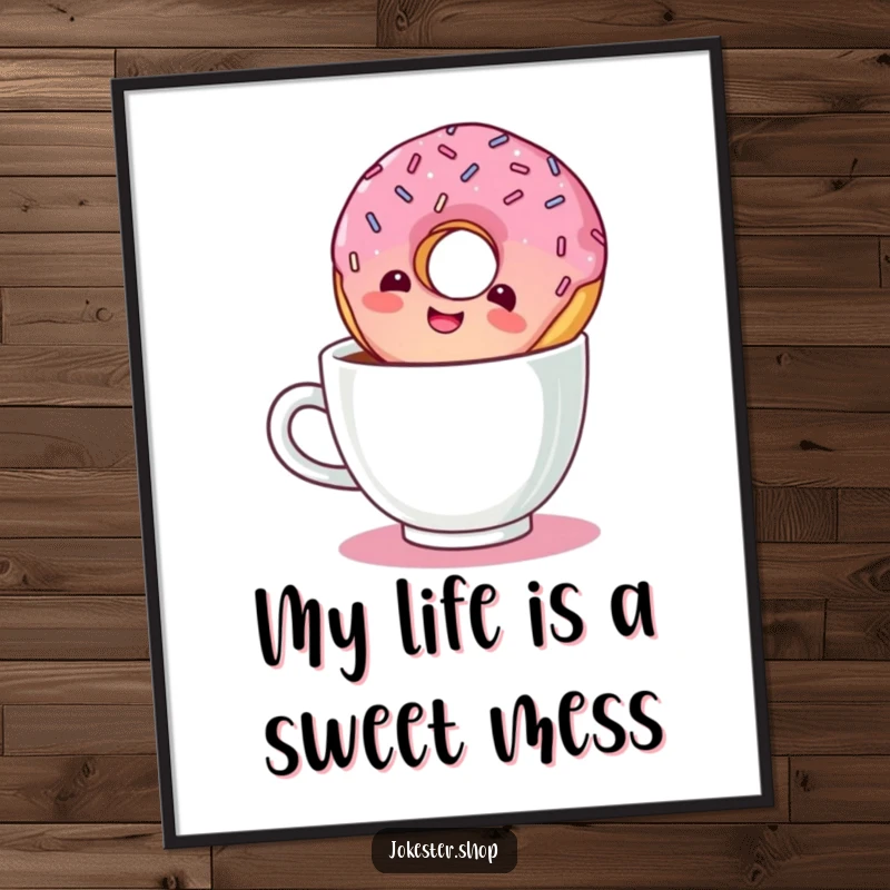Funny Free Printable Wall Art: A giggling donut with sprinkles takes a silly dive into a coffee cup.